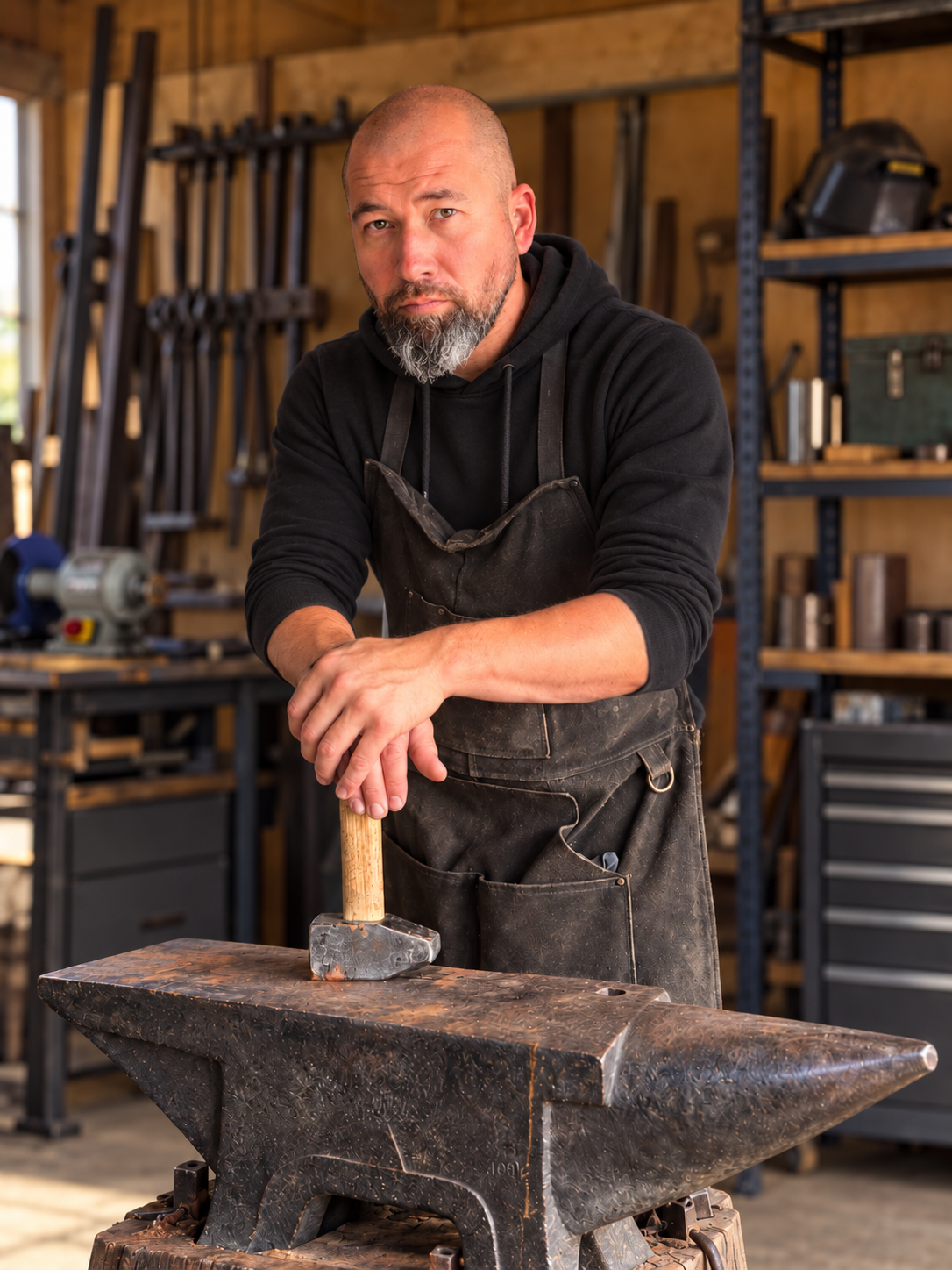 Franck, the knife maker behind FPF Creations, in his workshop, leaning on a hammer in front of an anvil.